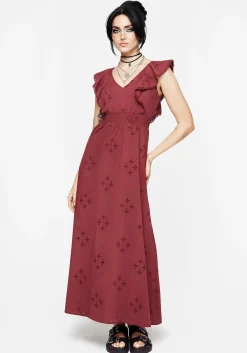 Crux Broderie Cotton V-Neck Frill Maxi Dress