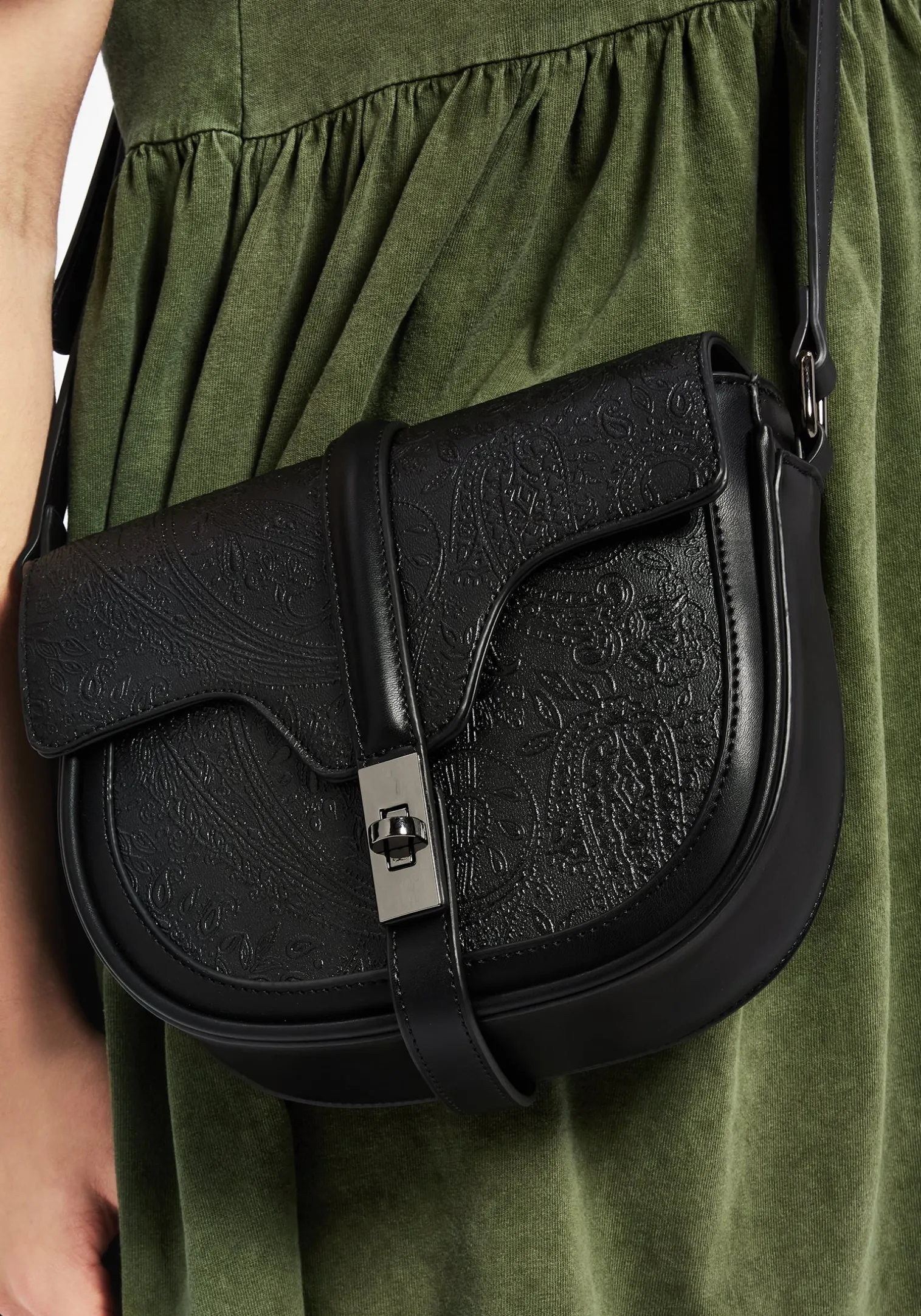 Cypress Paisley Debossed Crossbody Satchel Bag - Black