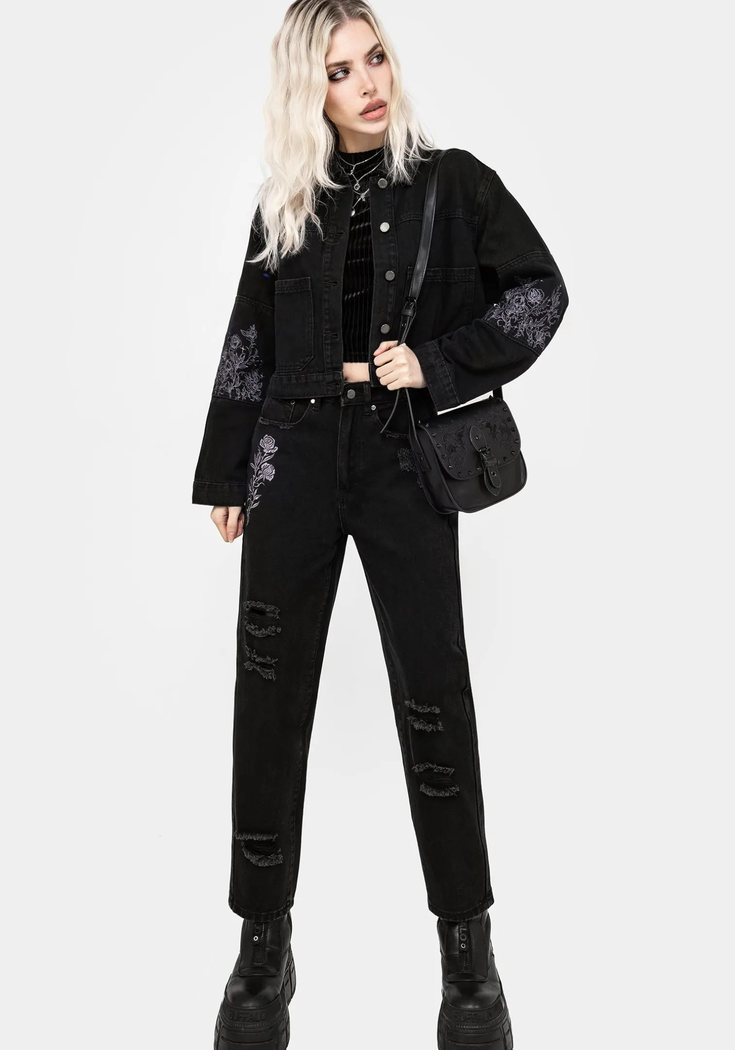 Deadhead Rose Embroidered Denim Carpenter Jacket