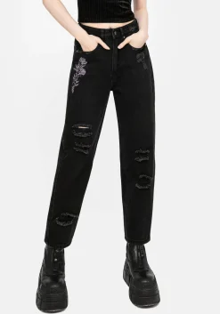 Deadhead Rose Embroidered Distressed Denim Barrel Leg Jeans