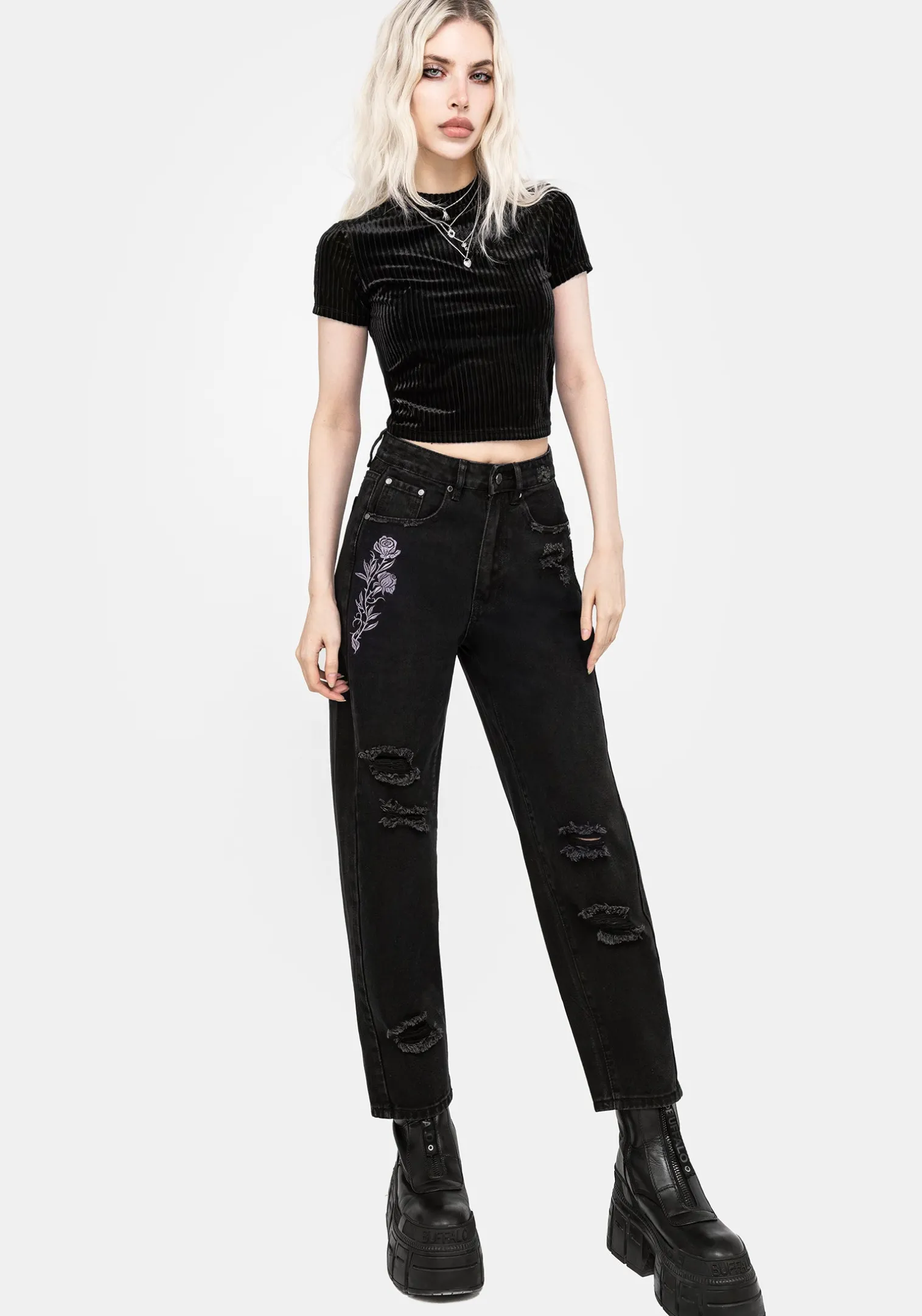 Deadhead Rose Embroidered Distressed Denim Barrel Leg Jeans