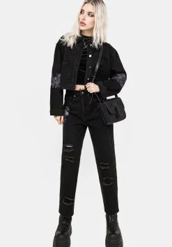 Deadhead Rose Embroidered Distressed Denim Barrel Leg Jeans
