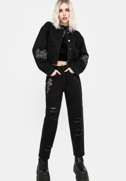 Deadhead Rose Embroidered Distressed Denim Barrel Leg Jeans