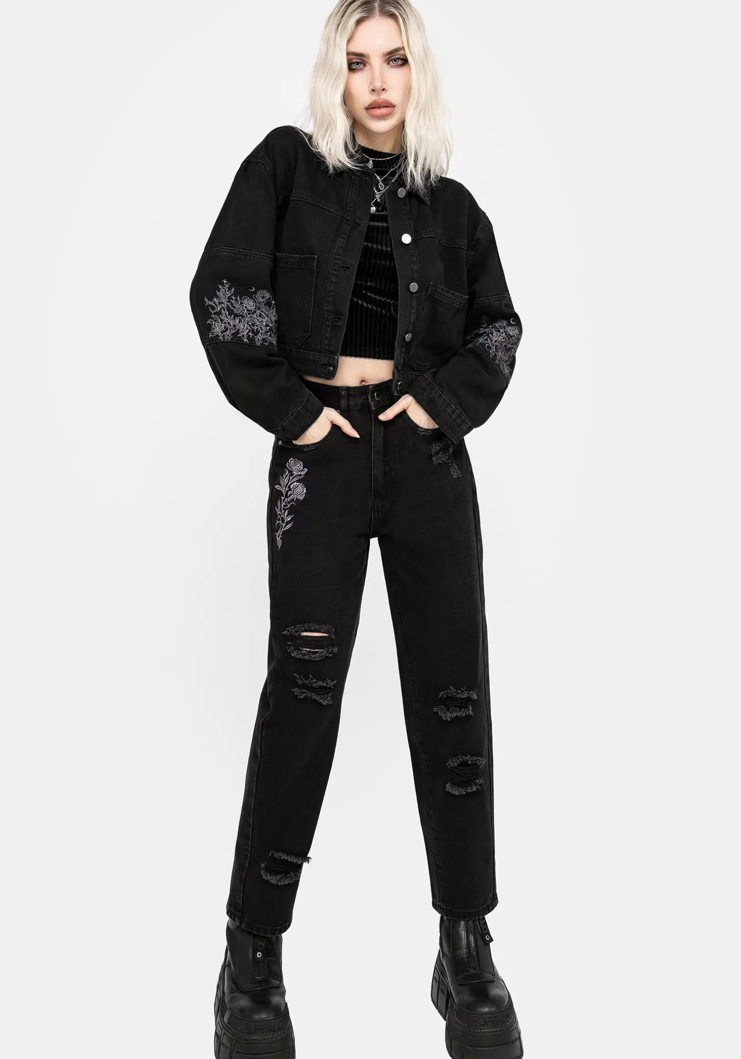 Deadhead Rose Embroidered Distressed Denim Barrel Leg Jeans