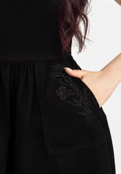 Deadhead Rose Embroidered Denim Mini Smock Dress