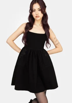 Deadhead Rose Embroidered Denim Mini Smock Dress