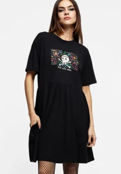Death Conquers All Floral Skull Embroidered Mini Skater Dress