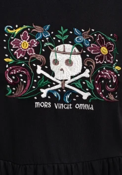 Death Conquers All Floral Skull Embroidered Mini Skater Dress