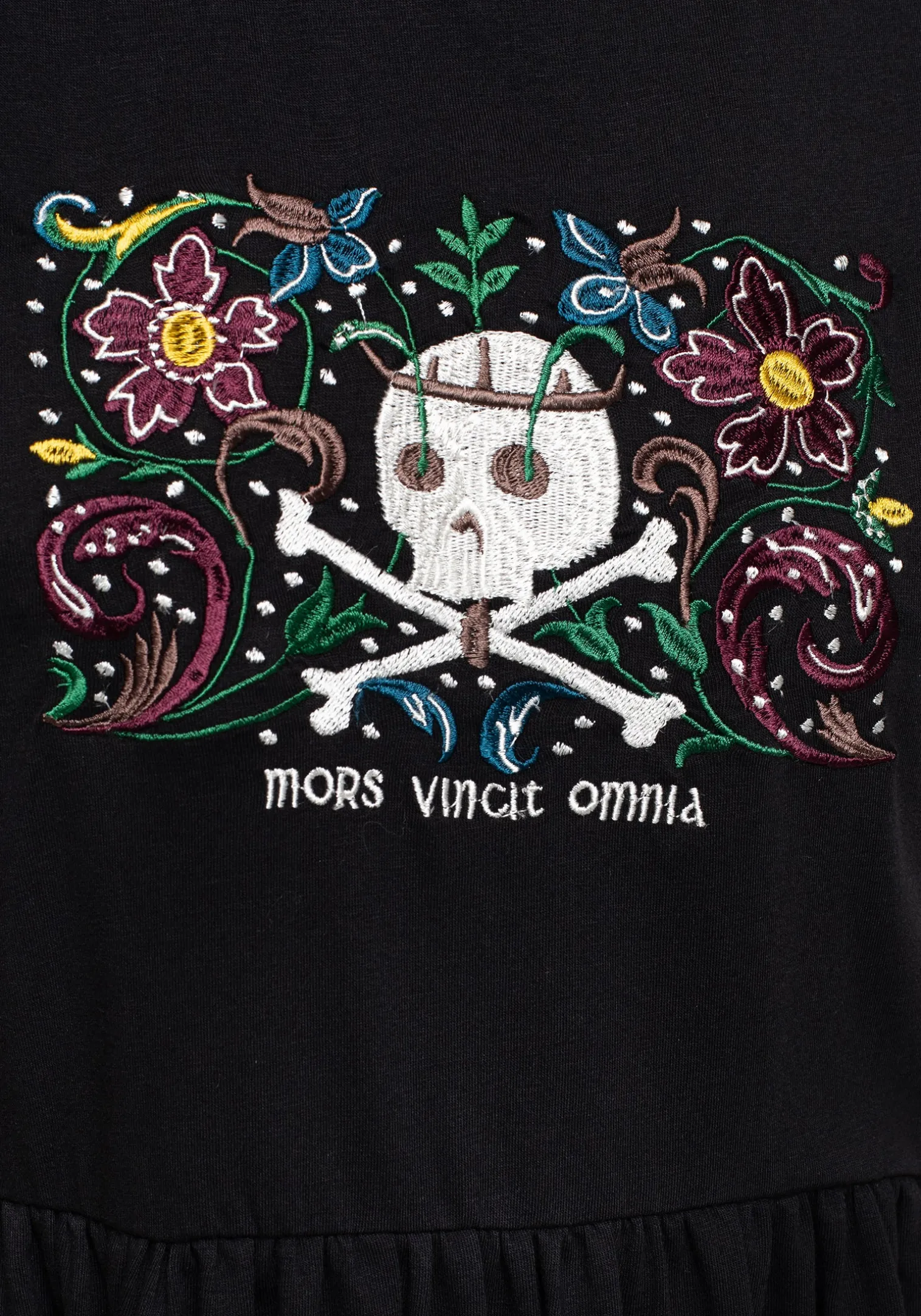 Death Conquers All Floral Skull Embroidered Mini Skater Dress