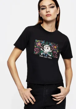 Death Conquers All Floral Skull Embroidered Graphic Crop Tee