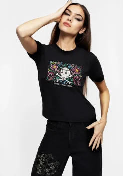Death Conquers All Floral Skull Embroidered Graphic Crop Tee