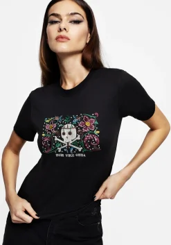 Death Conquers All Floral Skull Embroidered Graphic Crop Tee