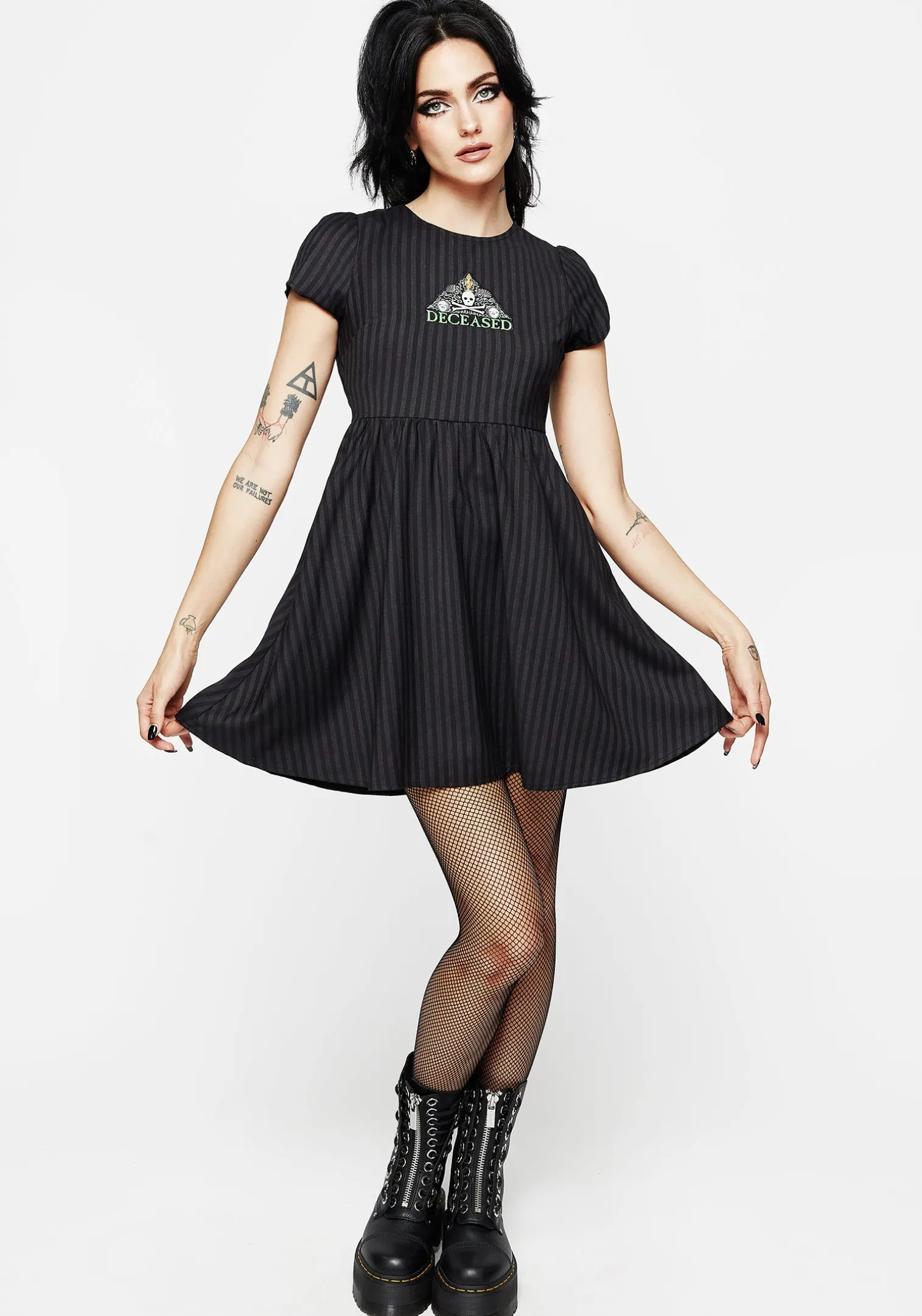 Deceased Embroidered Striped Mini Skater Dress