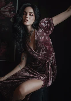 Deception Snake Foil Print Velour Midi Wrap Dress