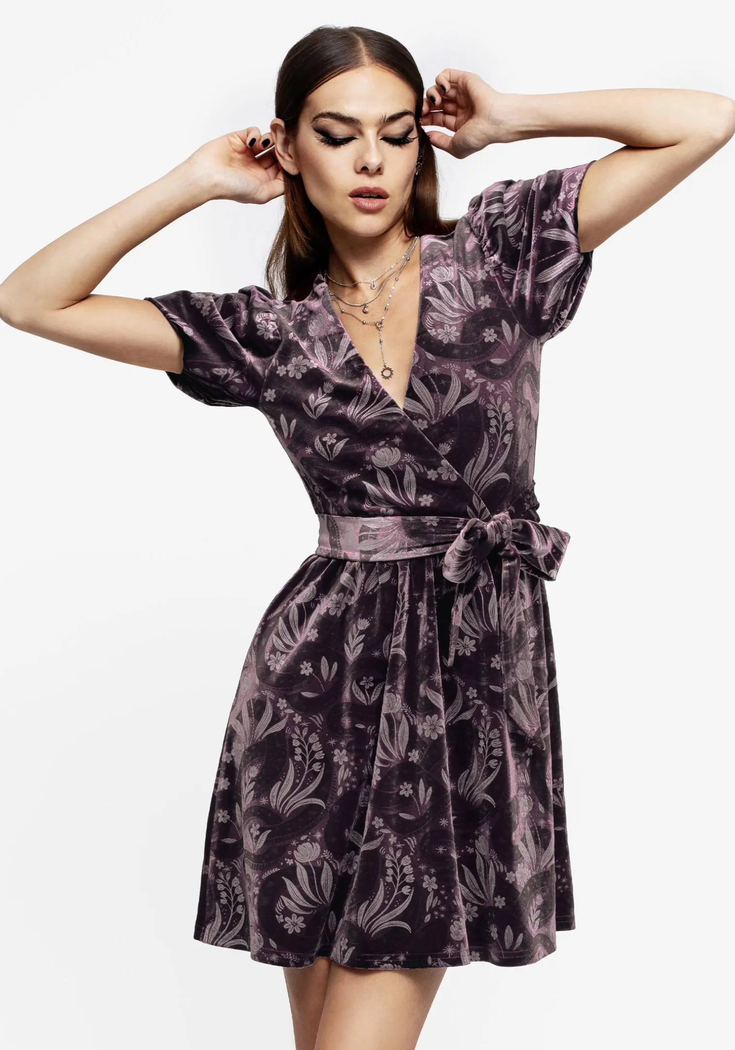 Deception Snake Foil Print Velour Mini Wrap Dress