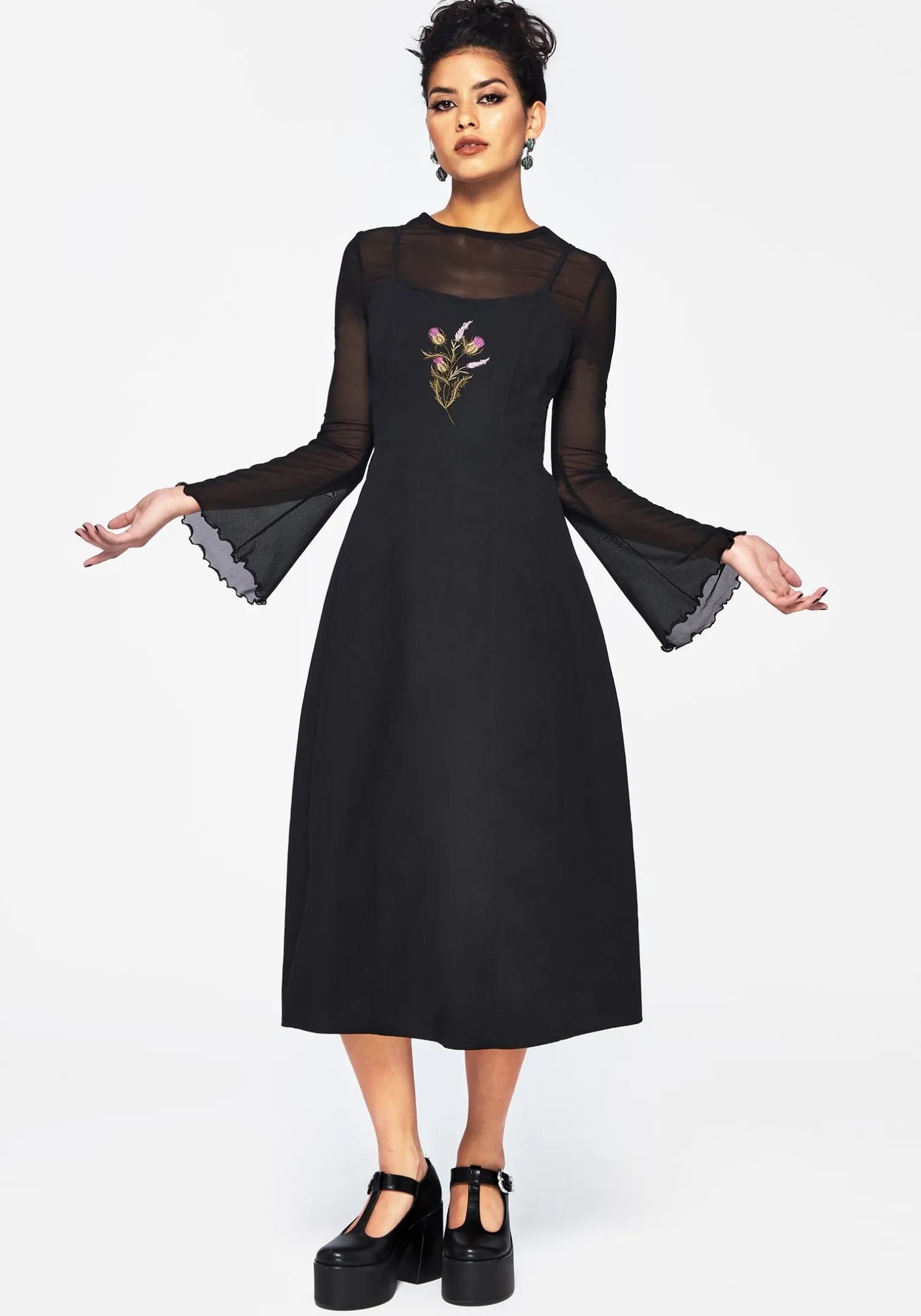Despair Cotton Thistle Embroidered Cami Tie Back Midi Dress