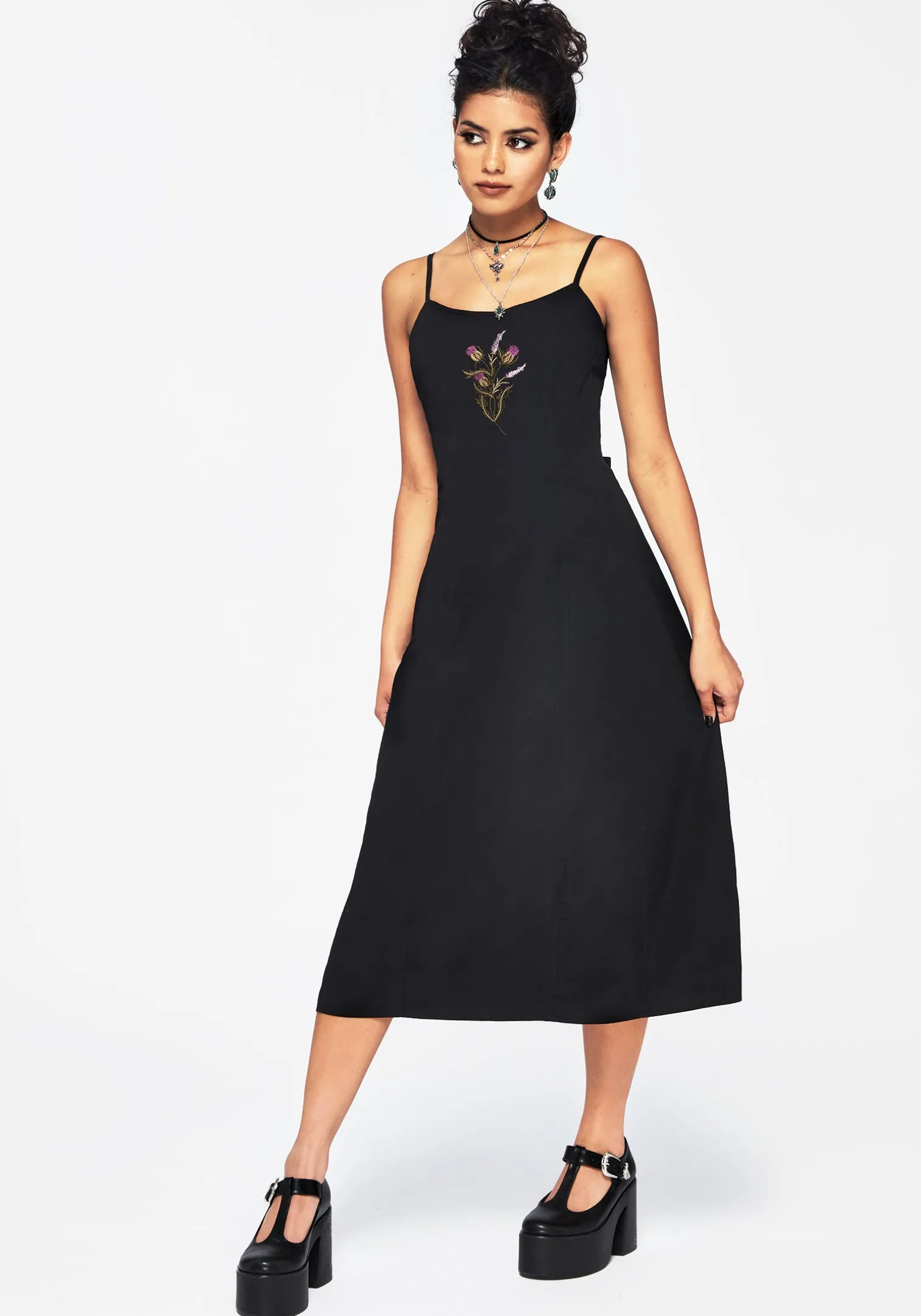 Despair Cotton Thistle Embroidered Cami Tie Back Midi Dress