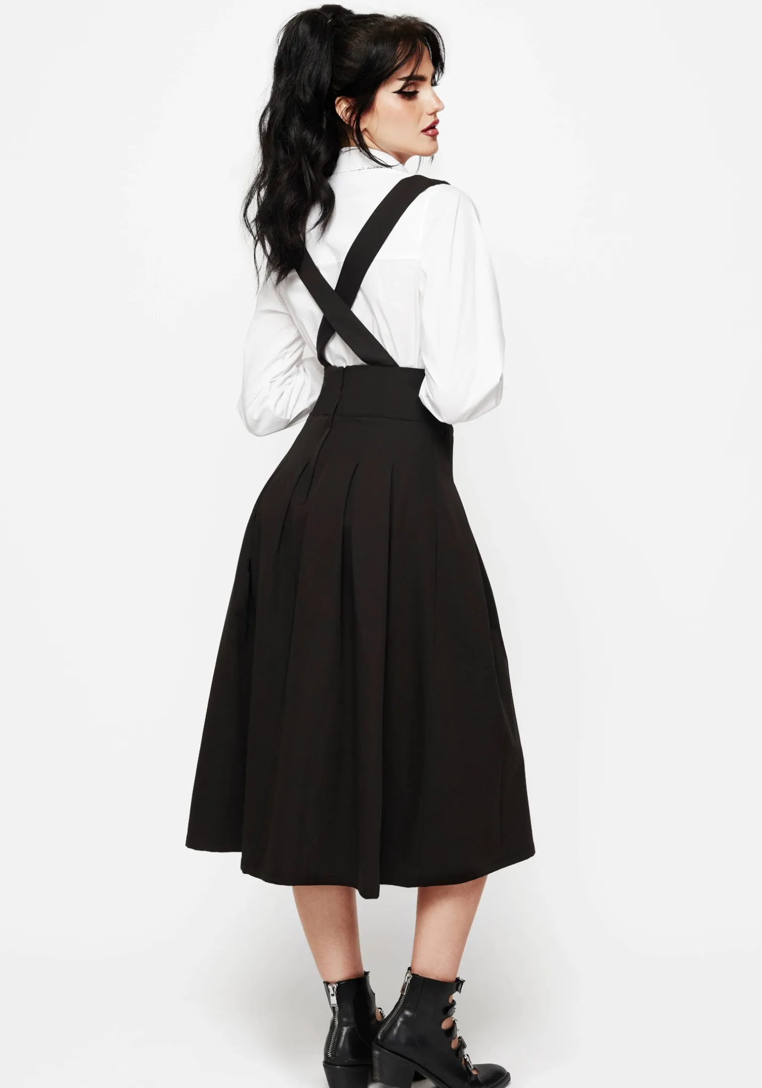 Despair Thistle Embroidered Tailored Pleated Pinafore Midi Skirt