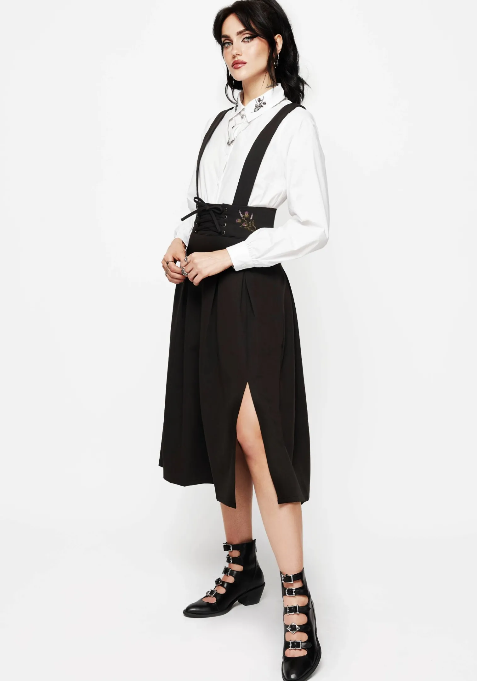 Despair Thistle Embroidered Tailored Pleated Pinafore Midi Skirt