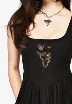 Despair Thistle Embroidered Corset Bodice Pleated Mini Dress