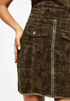 Diabolical Cord Woodcut Print Zip Up Mini Skirt