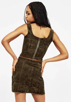 Diabolical Cord Woodcut Print Zip Up Mini Skirt