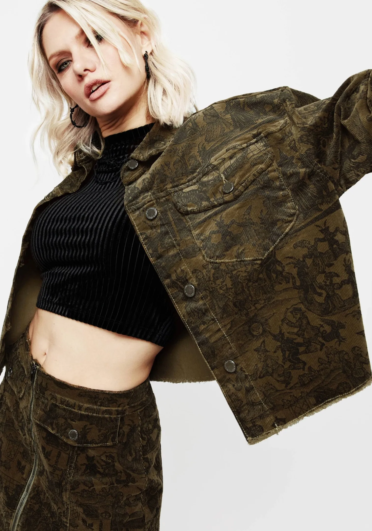 Diabolical Cord Woodcut Print Crop Shacket