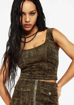 Diabolical Cord Woodcut Print Zip Corset Top