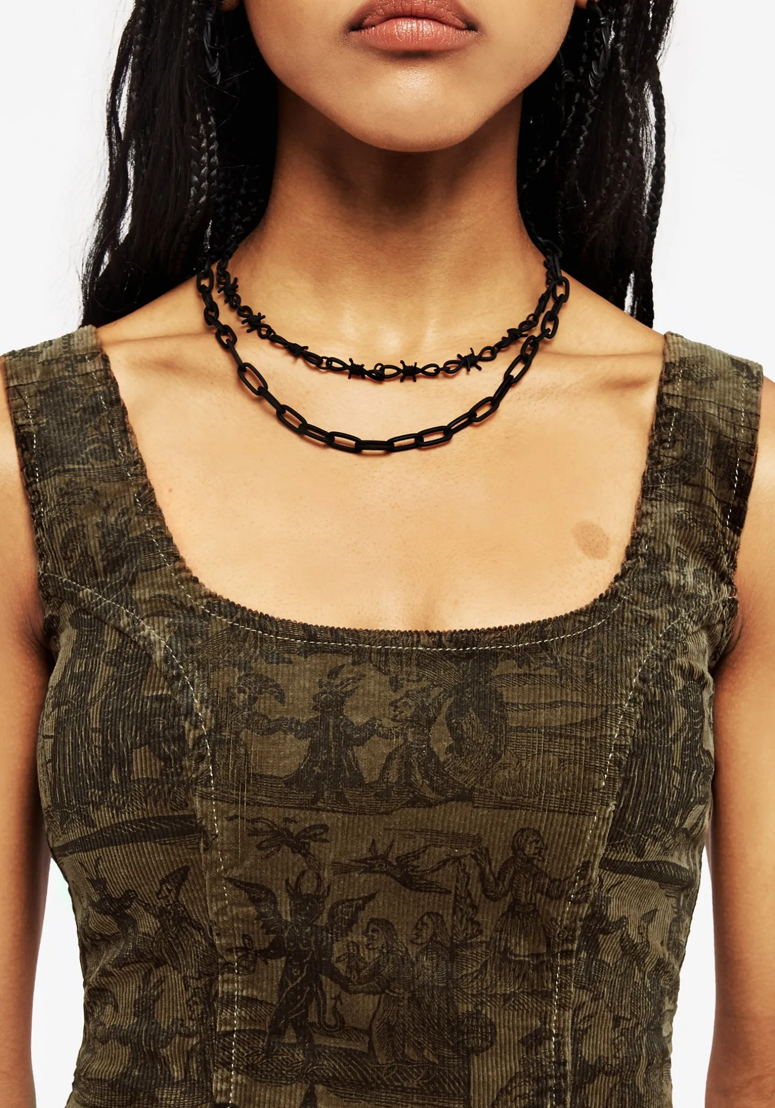 Diabolical Cord Woodcut Print Zip Corset Top