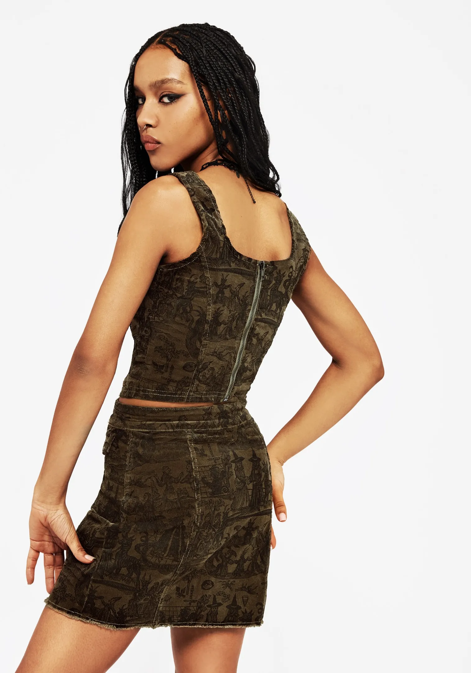 Diabolical Cord Woodcut Print Zip Corset Top