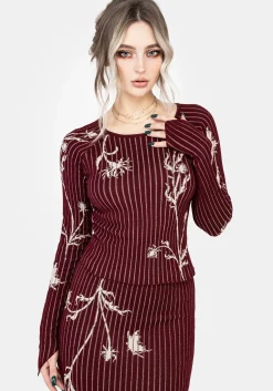 Diastella Floral Jacquard Rib Knit Raglan Sleeve Top - Red