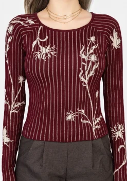 Diastella Floral Jacquard Rib Knit Raglan Sleeve Top - Red