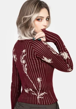 Diastella Floral Jacquard Rib Knit Raglan Sleeve Top - Red