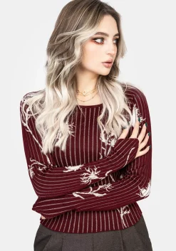 Diastella Floral Jacquard Rib Knit Raglan Sleeve Top - Red