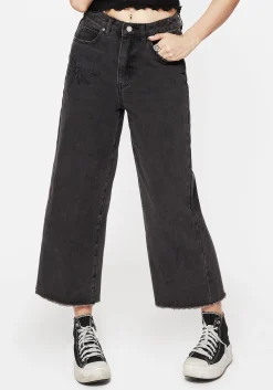 Dragonfly Embroidered Wide Leg Denim Culotte Jeans