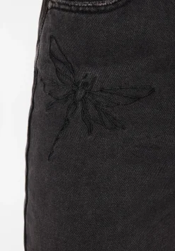 Dragonfly Embroidered Wide Leg Denim Culotte Jeans