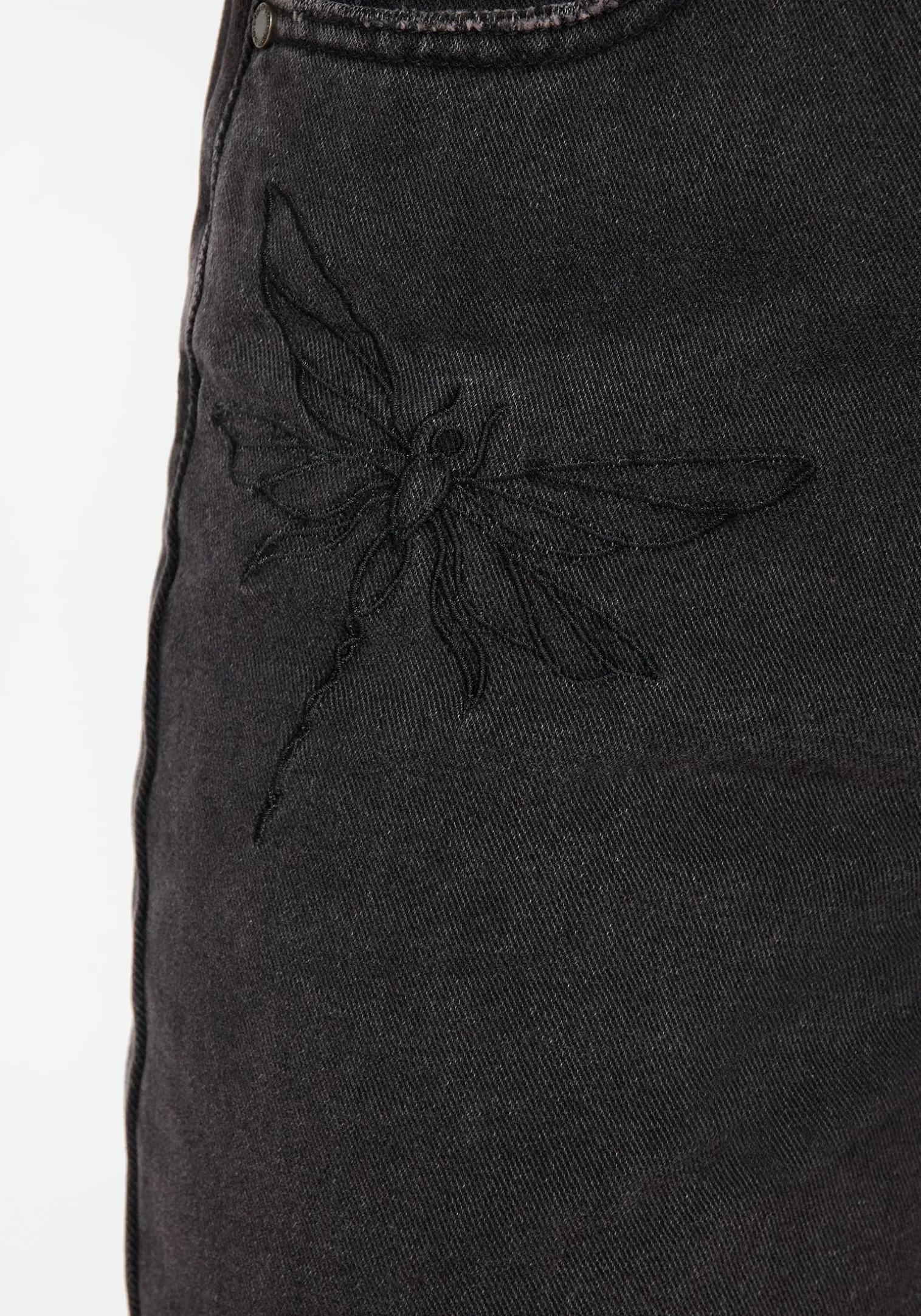 Dragonfly Embroidered Wide Leg Denim Culotte Jeans