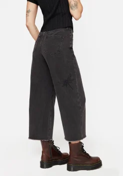 Dragonfly Embroidered Wide Leg Denim Culotte Jeans