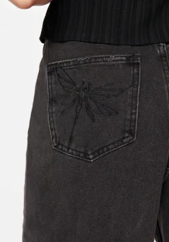 Dragonfly Embroidered Wide Leg Denim Culotte Jeans
