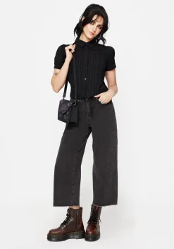 Dragonfly Embroidered Wide Leg Denim Culotte Jeans