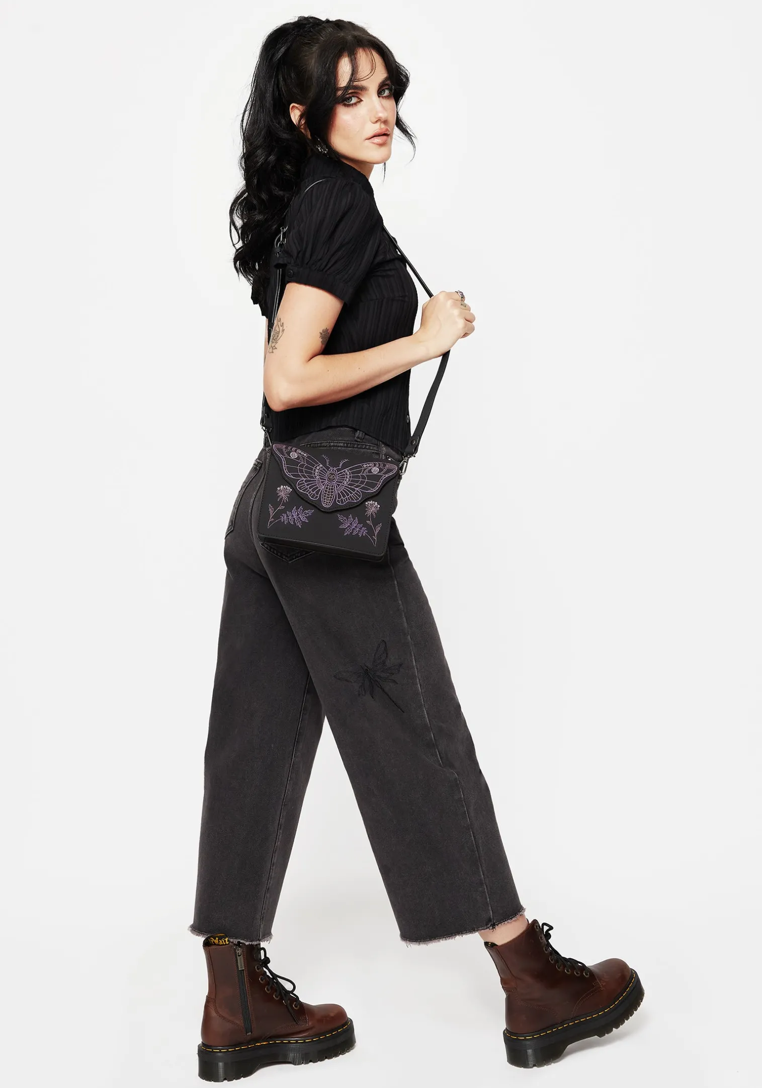 Dragonfly Embroidered Wide Leg Denim Culotte Jeans