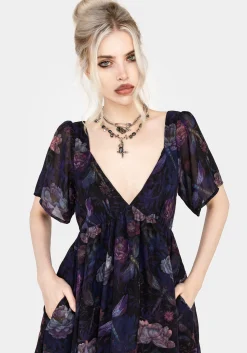 Dragonfly Floral Print Chiffon Handkerchief Hem Dress