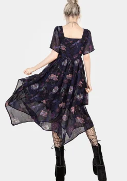 Dragonfly Floral Print Chiffon Handkerchief Hem Dress
