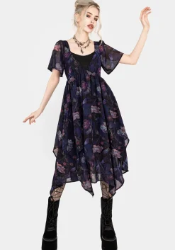 Dragonfly Floral Print Chiffon Handkerchief Hem Dress