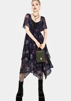 Dragonfly Floral Print Chiffon Handkerchief Hem Dress