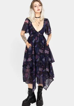 Dragonfly Floral Print Chiffon Handkerchief Hem Dress