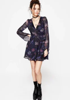 Dragonfly Floral Print Flute Sleeve Chiffon Mini Dress