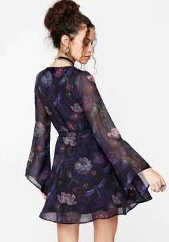 Dragonfly Floral Print Flute Sleeve Chiffon Mini Dress