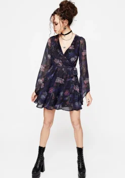 Dragonfly Floral Print Flute Sleeve Chiffon Mini Dress