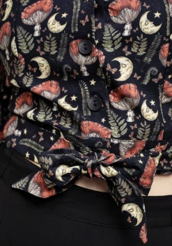 Dreamfast Mushroom Moon Print Button Up Tie Crop Top